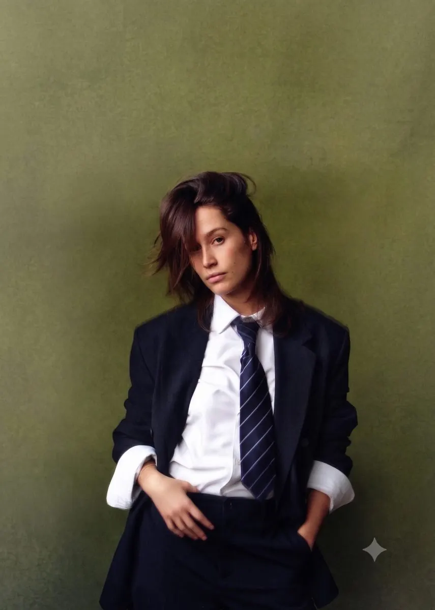 Zoé Legavrian en costume sombre sur fond vert